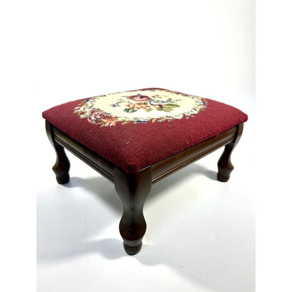 Mahogany Footstool Floral Needlepoint Cushion Foot Rest Vintage Flowers Burgandy - Picture 9 of 16